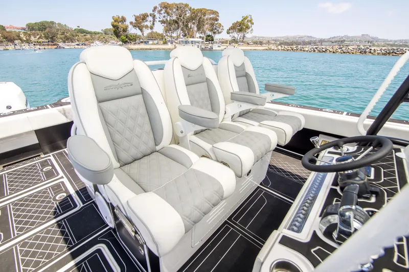 Slide: The Image of 2021 Invincible 35 Catamaran luxury seating on deck. - 14