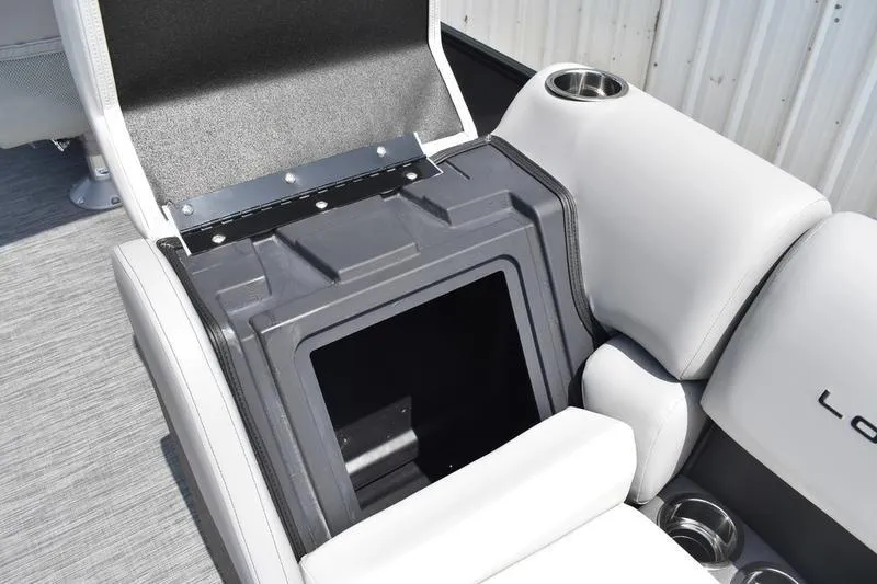Slide: The Image of 2026 Lowe SS 230 WT Special boat seat with storage compartment open. - 20