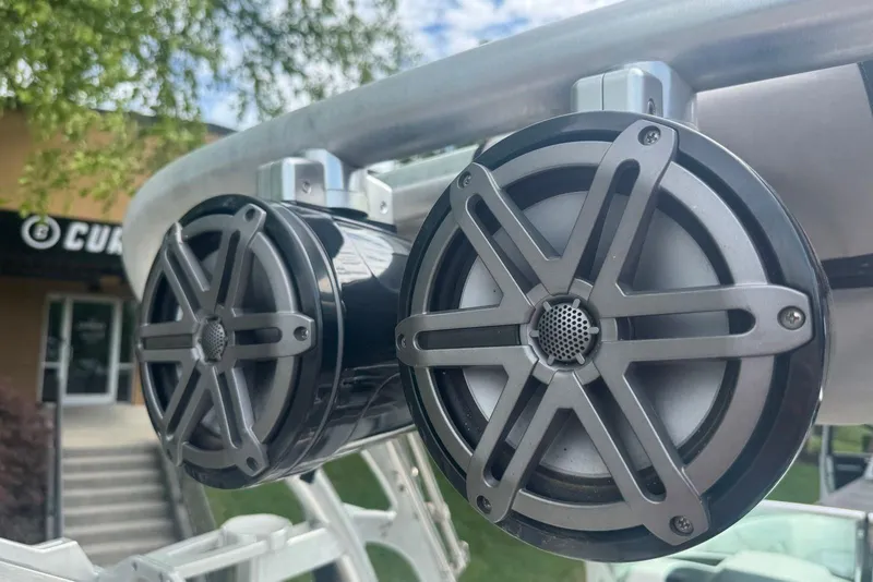 Slide: The Image of Close-up of speakers on a 2017 MasterCraft X26 boat, showcasing sleek design. - 10