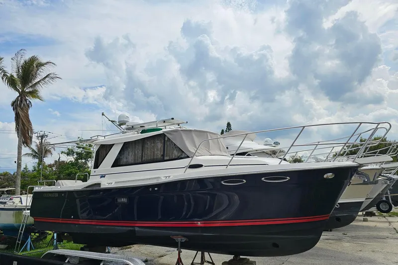 The Image of 2021 Cutwater C-28 boat on display under a cloudy sky. - 0