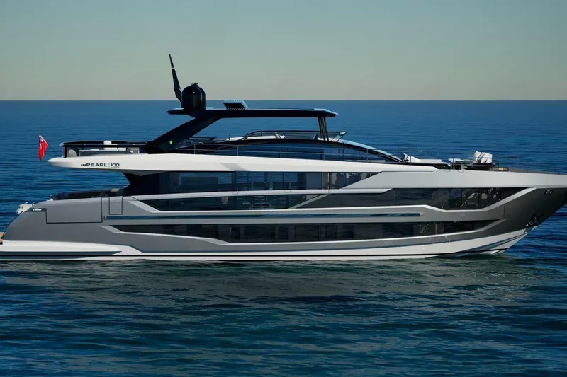Slide: The Image of Luxury yacht Pearl 100 Hybrid 2026 on open sea. - 2