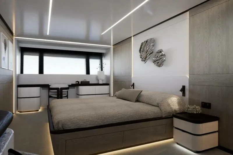 Slide: The Image of Modern bedroom in Pearl 100 Hybrid yacht, 2026 model. - 9