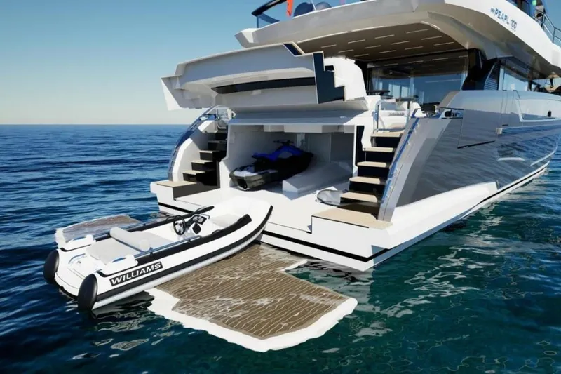 Slide: The Image of Luxury Pearl 100 Hybrid yacht with tender on water, year 2026. - 6