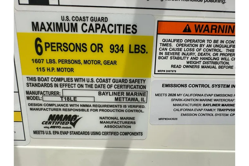 Slide: The Image of Bayliner Trophy T18 2026 capacity label: 6 persons, 934 lbs, 115 HP motor. - 22