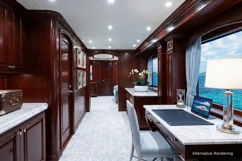 Slide: The Image of Luxurious interior of 2003 Trinity Yachts motoryacht with elegant wood finishes and ocean view. - 12