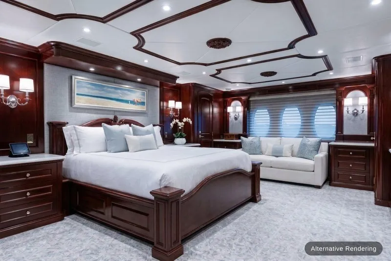 Slide: The Image of Luxurious bedroom interior of 2003 Trinity Yachts Motoryacht with elegant wood finishes and plush furnishings. - 16