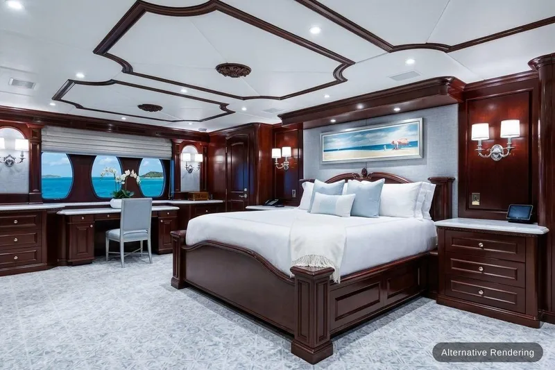 Slide: The Image of Luxurious 2003 Trinity Yachts motoryacht bedroom with elegant wood furnishings and ocean views. - 18