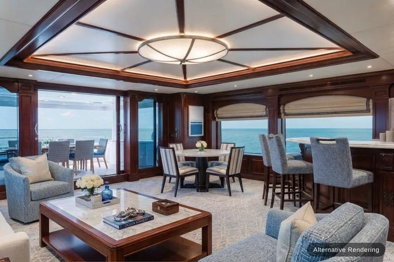 Slide: The Image of Luxurious interior of 2003 Trinity Yachts motoryacht with ocean view, elegant seating, and dining area. - 2