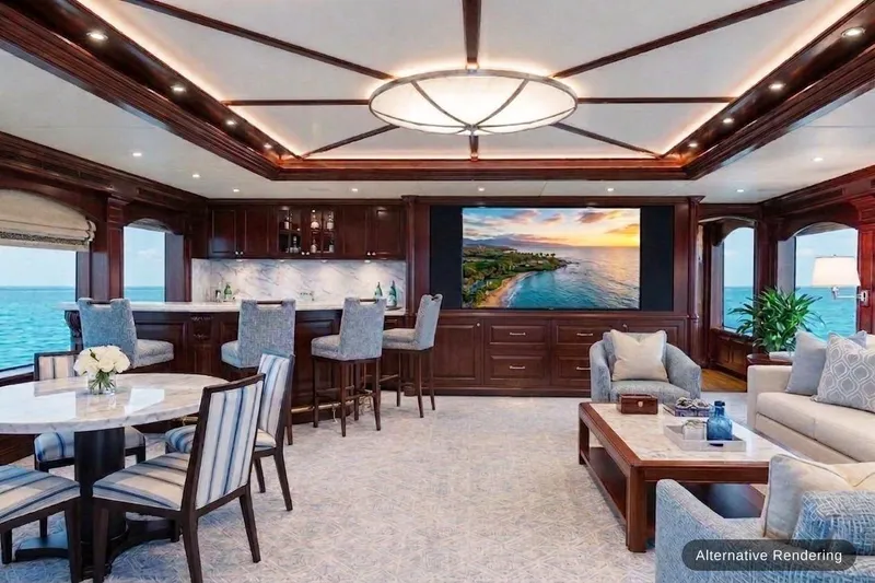 Slide: The Image of Luxurious 2003 Trinity Yachts motoryacht interior with elegant seating, bar, and ocean view. - 4