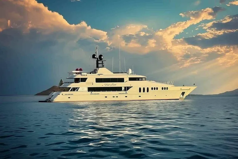 Slide: The Image of Luxurious 2003 Trinity Yachts motoryacht cruising under a dramatic sky at sunset. - 42