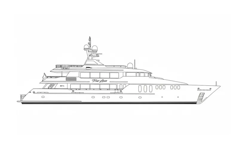 Slide: The Image of Line drawing of a 2003 Trinity Yachts motoryacht, side profile view. - 45