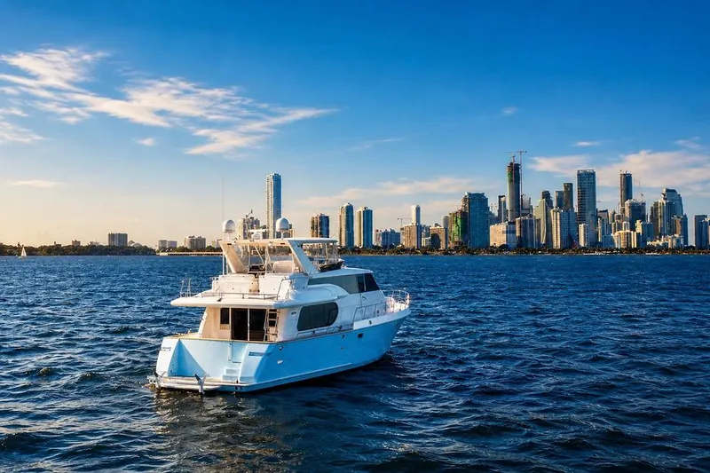 Slide: The Image of Luxury 2005 Symbol 58 Pilothouse yacht cruising near a vibrant city skyline. - 4