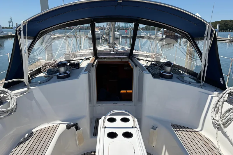 Slide: The Image of Cockpit view of 1998 Jeanneau Sun Odyssey 45.2 sailboat docked at marina. - 22