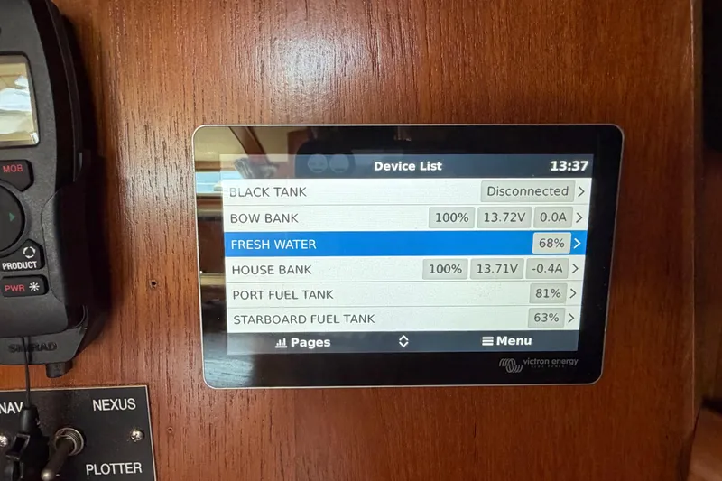 Slide: The Image of Control panel on a 1998 Jeanneau Sun Odyssey 45.2 displaying tank levels and voltages. - 49