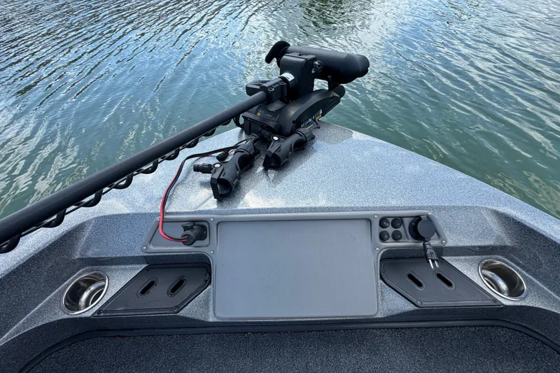 Slide: The Image of Bow of a 2020 Ranger 2080MS Angler boat with trolling motor on water. - 13