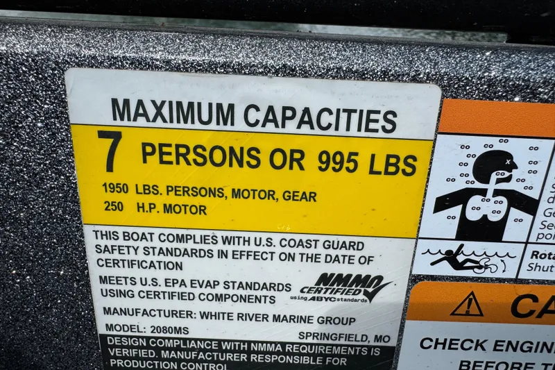 Slide: The Image of 2020 Ranger 2080MS Angler capacity label: 7 persons or 995 lbs, 250 HP motor. - 29