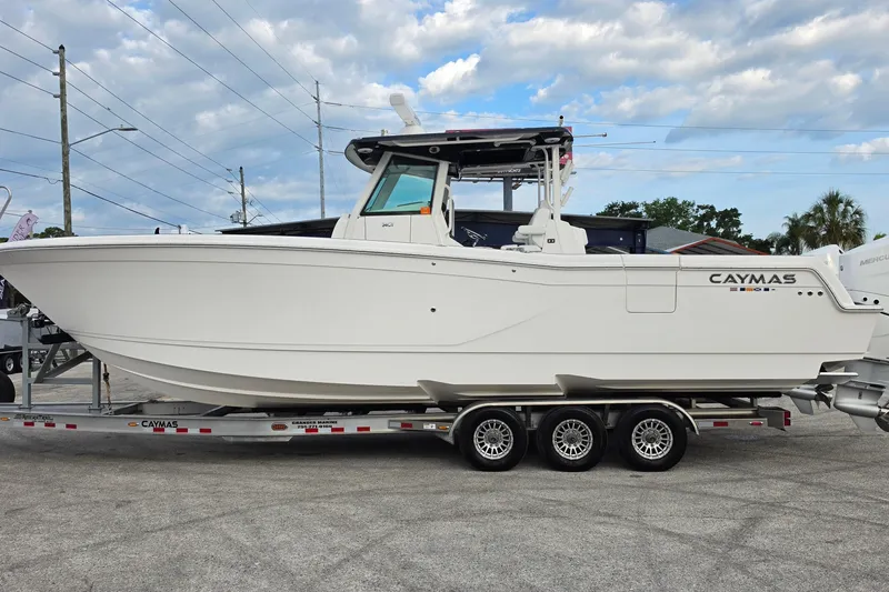 Slide: The Image of 2025 Caymas 34 CT boat on trailer under cloudy sky. - 6
