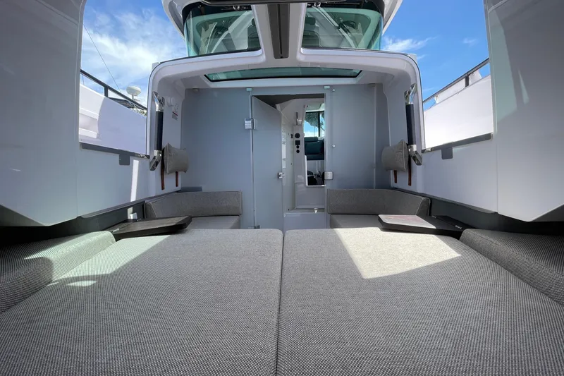 Slide: The Image of Interior of 2023 Axopar Brabus 37 XC Cross Cabin with gray upholstery. - 49