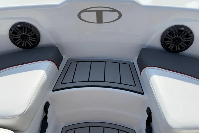 Slide: The Image of Interior of 2023 Tahoe T18 boat with speakers and cushioned seating. - 38
