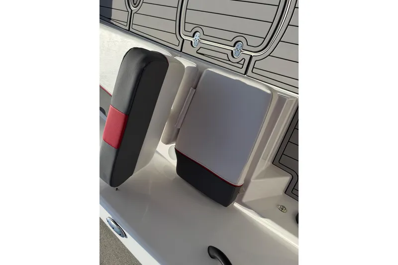 Slide: The Image of 2023 Tahoe T18 boat seat with red and black accents, featuring sleek design. - 73
