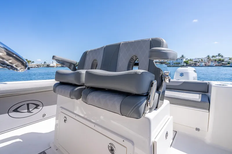 Slide: The Image of 2026 Sea Born LX27 Center Console boat with luxurious seating, docked by the water. - 36