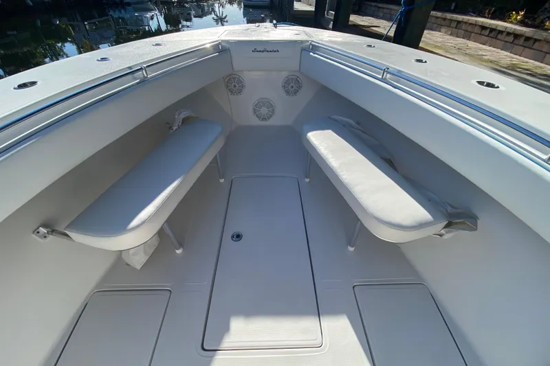 Slide: The Image of Interior view of 2014 SeaHunter 45 Tournament boat with seating and speakers. - 30