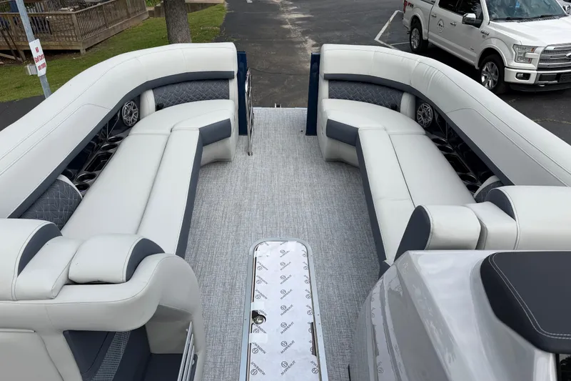 Slide: The Image of Luxurious seating on 2026 Harris Grand Mariner 250 CWDH pontoon boat, featuring elegant upholstery. - 10