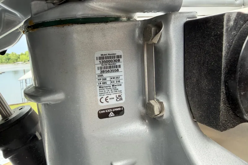 Slide: The Image of Close-up of Mercury Marine engine label on Harris Grand Mariner 250 CWDH, 2026 model. - 17