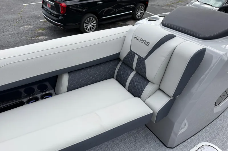Slide: The Image of 2026 Harris Grand Mariner 250 CWDH boat seat with luxurious gray and white upholstery. - 7