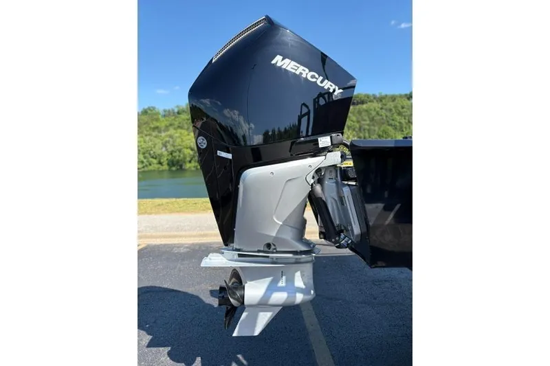 Slide: The Image of 2025 Regency 250 DL3 boat with Mercury outboard motor by a lake. - 31