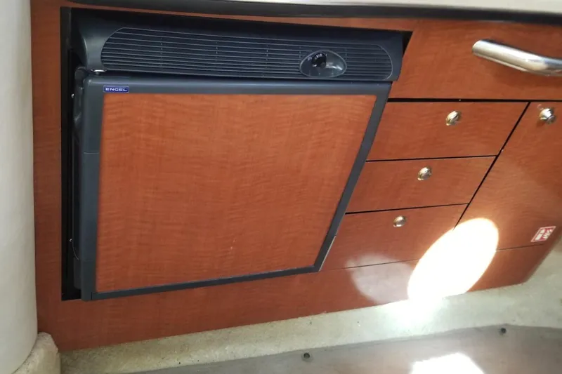 Slide: The Image of 2004 Sea Ray 300 Sundancer interior with Engel fridge and wooden cabinetry. - 9