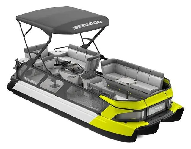 The Image of 2023 Sea-Doo Switch Cruise 21 pontoon boat with gray canopy. - 1