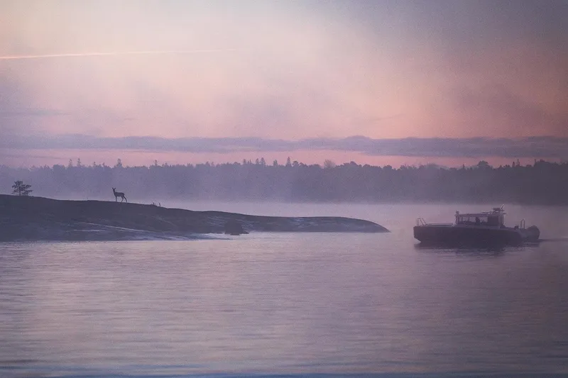 Slide: The Image of Boat XO EXPLR 9 (2027) on misty lake at sunrise with deer on shore. - 8
