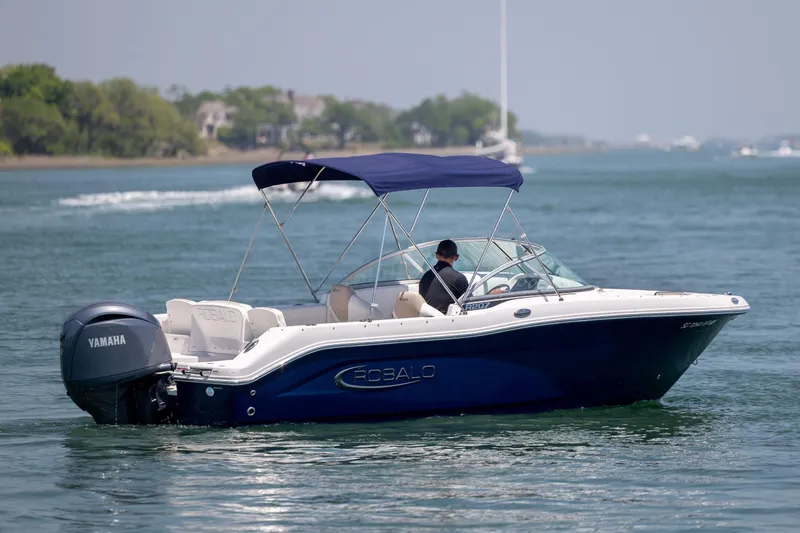 Slide: The Image of 2024 Robalo R207 Dual Console boat cruising on a calm lake with Yamaha engine. - 6