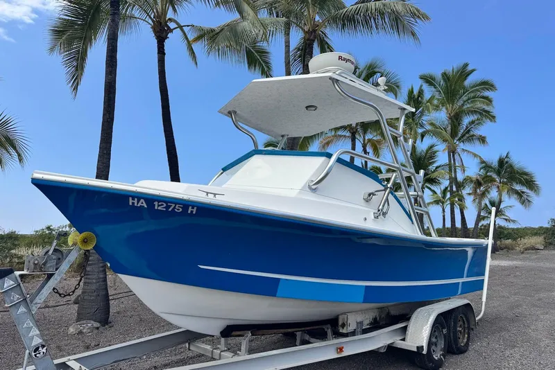 Slide: The Image of 2008 Force Marine Force 21 boat on trailer, surrounded by palm trees. - 2