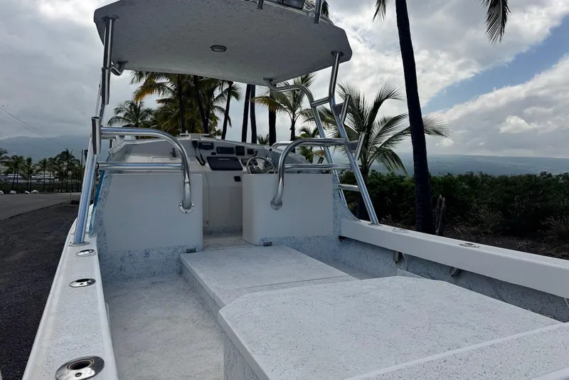 Slide: The Image of 2008 Force Marine Force 21 boat with open deck, palm trees, and cloudy sky background. - 5