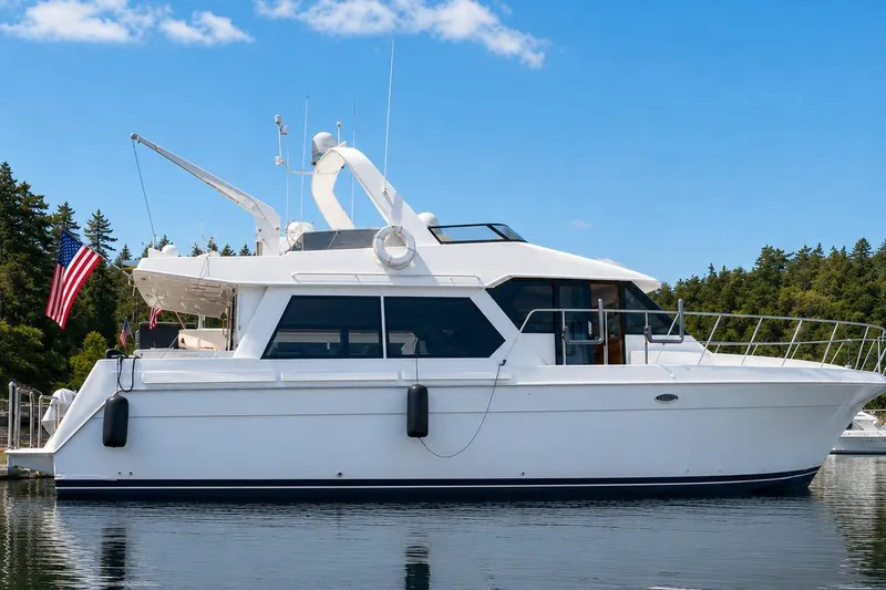 Slide: The Image of Navigator Classic 1994 yacht docked on calm water with American flag, clear sky background. - 2