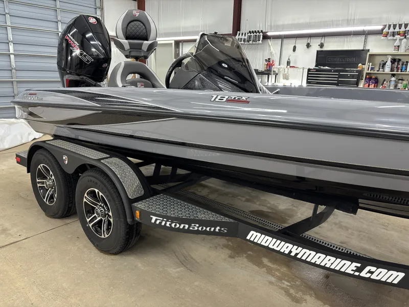 Slide: The Image of 2022 Triton 18 TrX boat on trailer in workshop. - 8