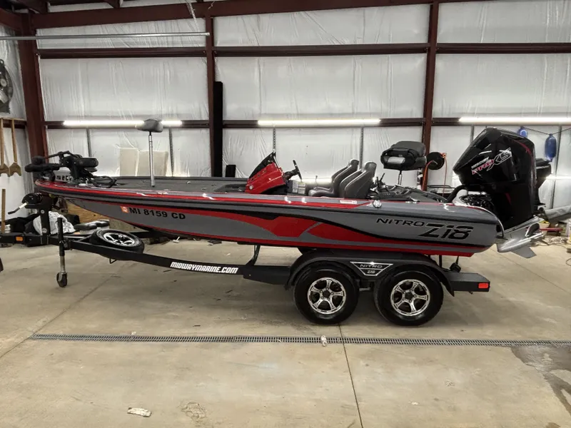 The Image of 2023 Nitro Z18 Pro boat parked in a garage. - 1