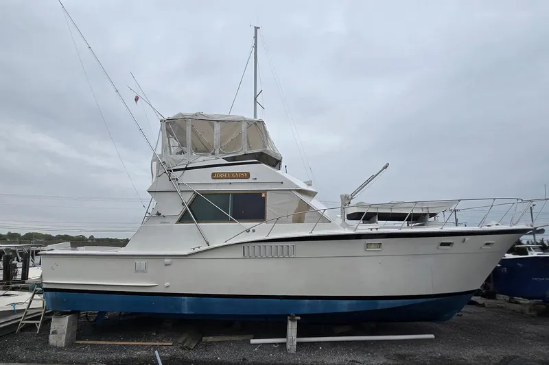 The Image of 1975 Hatteras 46 Convertible yacht on dry dock, side view. - 1