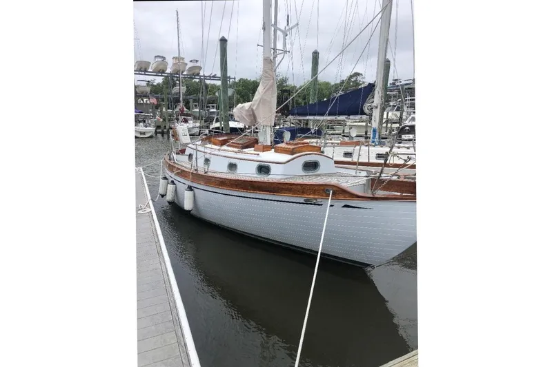 Slide: The Image of Sailboat docked at marina, Baba 30 model, 1979 vintage. - 3