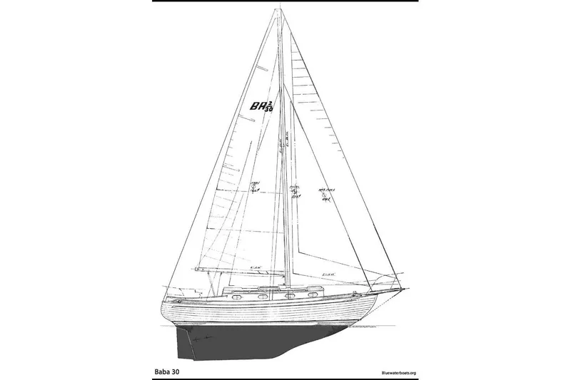 Slide: The Image of Line drawing of a 1979 Baba 30 sailboat, showcasing its classic design. - 9