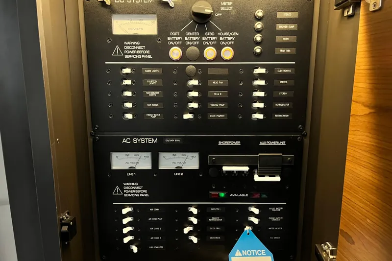 Slide: The Image of Electrical control panel on a 2023 Tiara Yachts 43 LS, featuring AC and DC systems. - 25