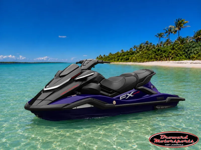 Slide: The Image of A 2026 Yamaha WaveRunner FX SVHO® floats in clear turquoise water near a tropical island. - 3