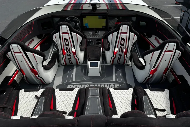 Slide: The Image of Interior of 2025 Performance Powerboats P420, featuring sleek seating and advanced dashboard design. - 17