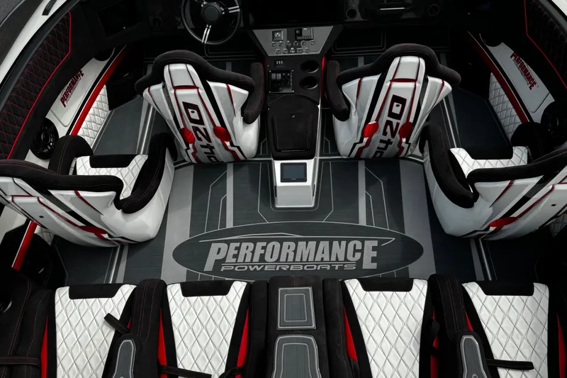 Slide: The Image of 2025 Performance Powerboats P420 interior with sleek seating and modern dashboard design. - 28
