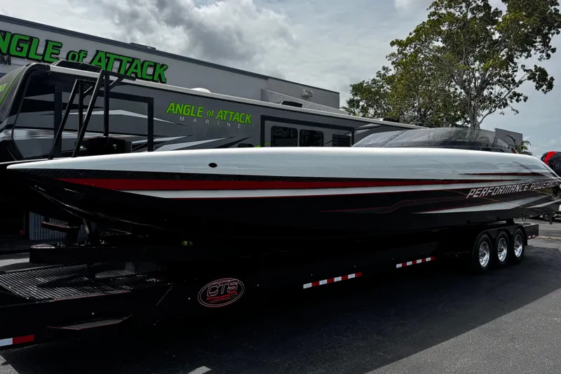 Slide: The Image of 2025 Performance Powerboats P420 on trailer at Angle of Attack Marine dealership. - 3