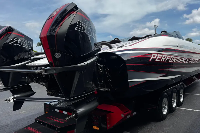 Slide: The Image of 2025 Performance Powerboats P420 with twin 500 engines on a trailer. - 6