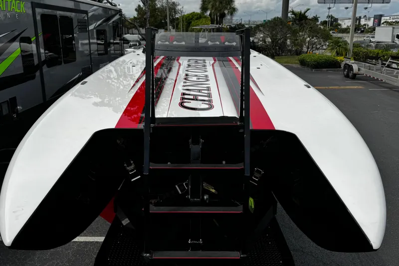 Slide: The Image of 2025 Performance Powerboats P420 with sleek design and bold red accents. - 9