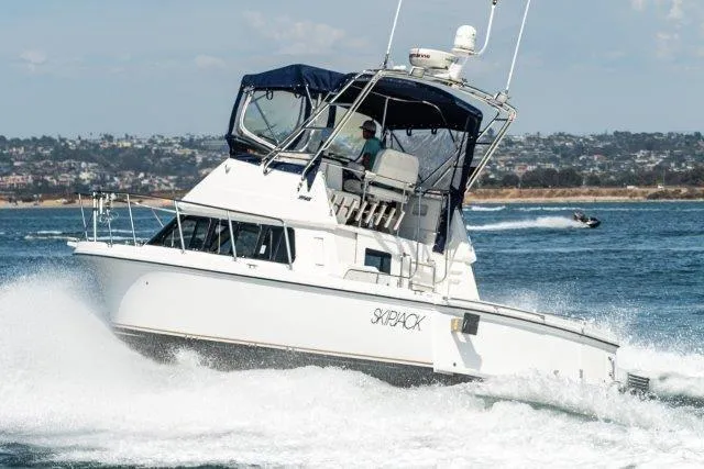 The Image of 2011 Skipjack 300 Flybridge cruising on water with cityscape background. - 0